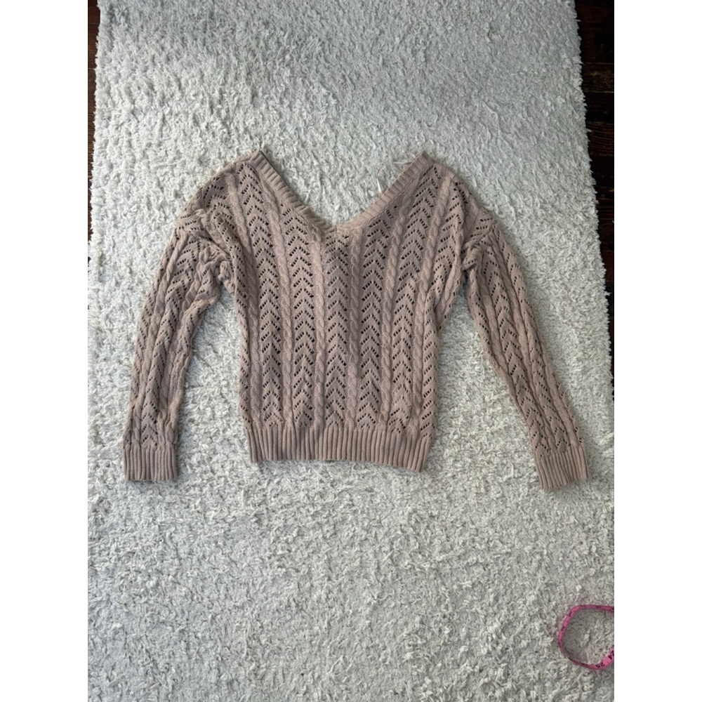 Women's Pookie & Sebastian Beige Open Knit Twisted Front V-Neck Sweater L